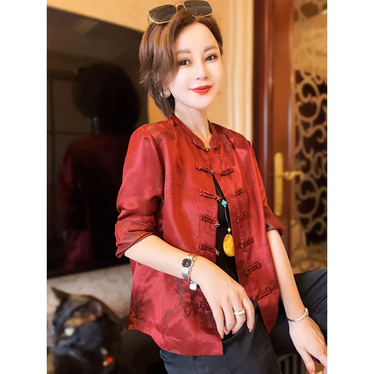 桑蚕丝新中式立领盘扣暗纹提花真丝老缎外套百搭女装上衣25081606