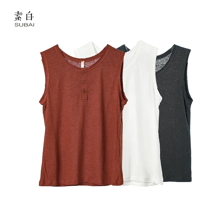 素白纯色显瘦【老头背心2.0】D01507夏季凉爽透气亚麻针织背心T恤