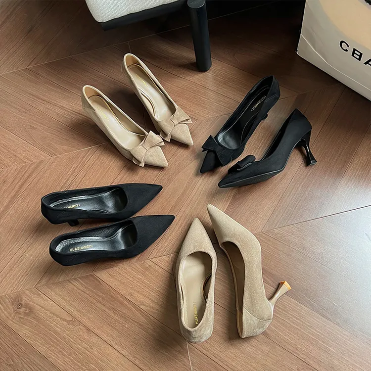 黑色绒面蝴蝶结细跟尖头高跟鞋2026春季新款性感舒适百搭职业工作