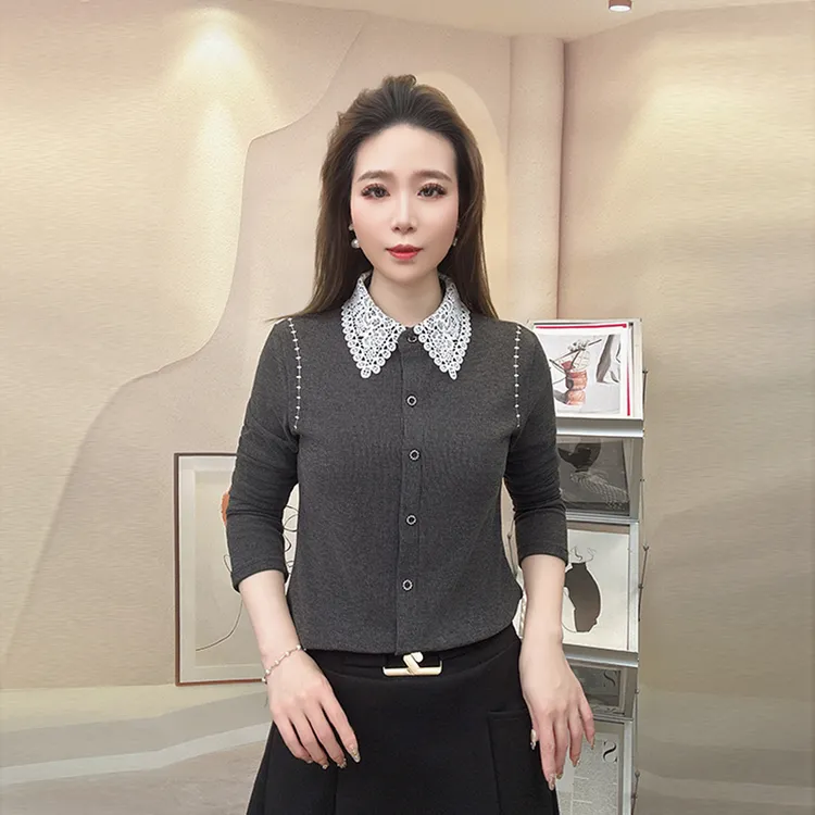 2025秋冬款双面绒设计感娃娃领时尚蕾丝百搭长袖小衫长袖保暖打底