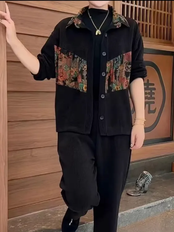 春秋新款新中式显瘦印花拼接洋气宽松休闲妈妈装开衫套装时尚秋季