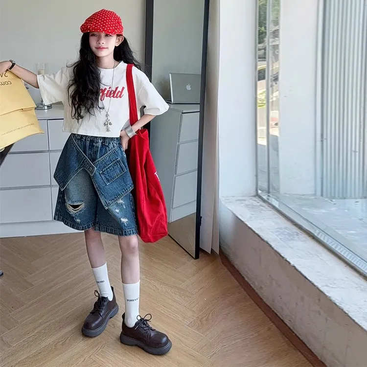 女童夏装2025新款洋气套装T恤短袖时髦夏季儿童装马鞍中裤两件套