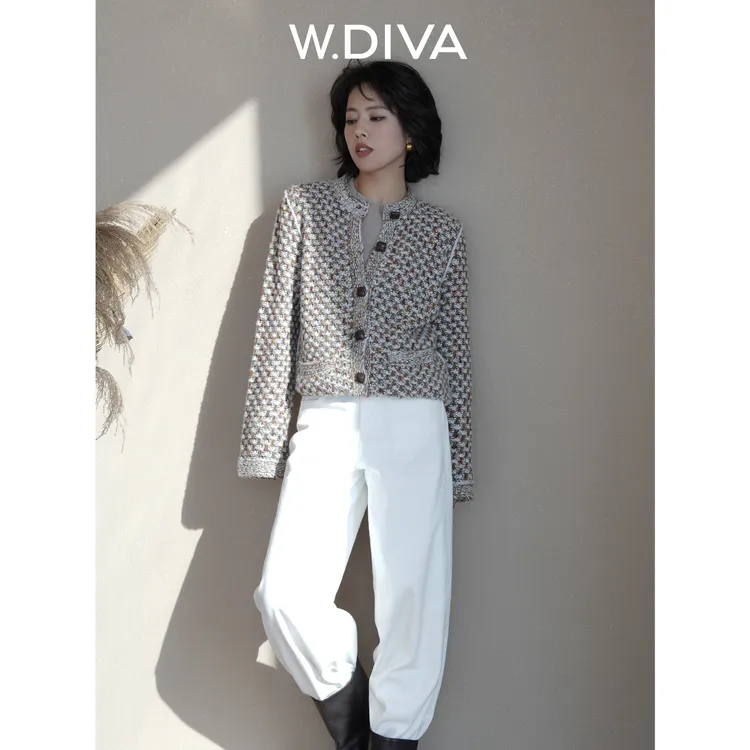 W.Diva【彩织开衫】羊绒羊驼花纱菠萝花真皮扣开衫外套54Z143384