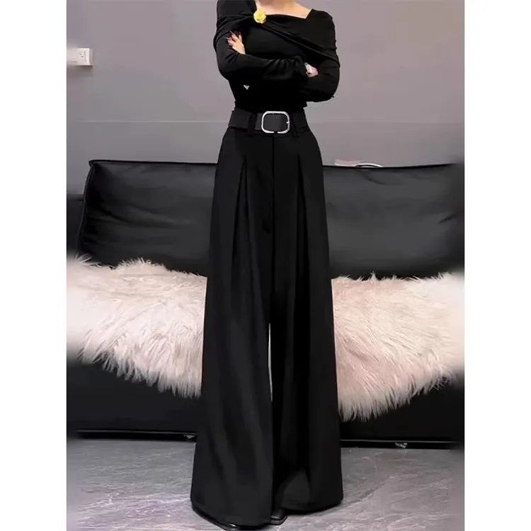 黑色休闲毛呢西装裤女2025秋冬季新款高腰垂感阔腿裤直筒拖地长裤