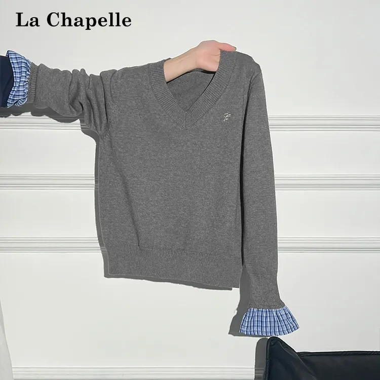 拉夏贝尔设计感格纹喇叭袖刺绣V领针织长袖T恤女秋季宽松绝美上衣