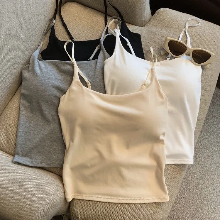 辣妹夏季新款吊带背心女时尚自带胸垫简约纯色修身显瘦打底上衣