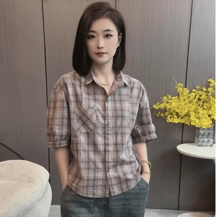 夏季新款大码女装印花条纹格子中袖衬衫中老年宽松遮肚子外穿上衣