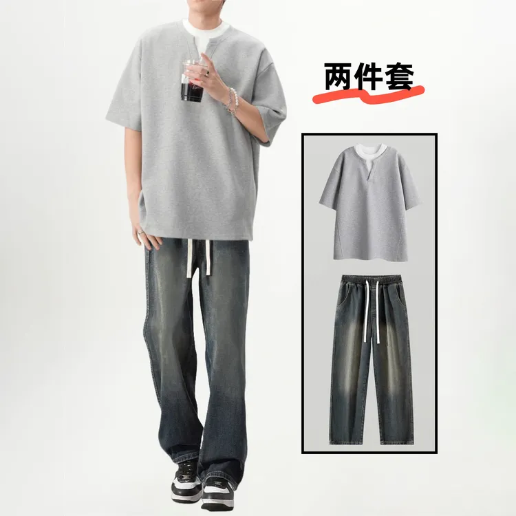 夏季潮流两件套痞帅男装搭配一整套假两件T恤牛仔裤休闲运动套装
