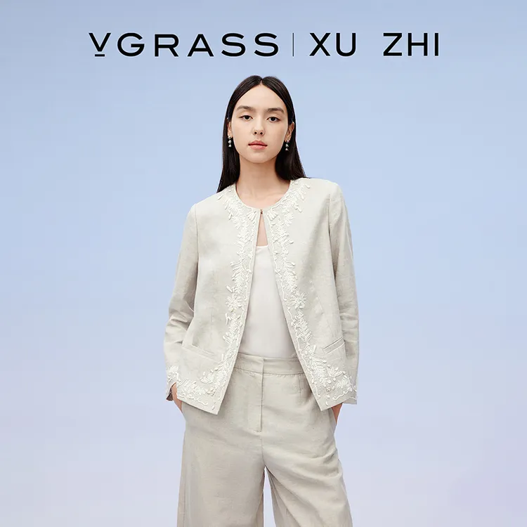 VGRASS手工钉珠贝绣花短外套25早秋新款亚麻盘生锈外搭VSW3Q3064X
