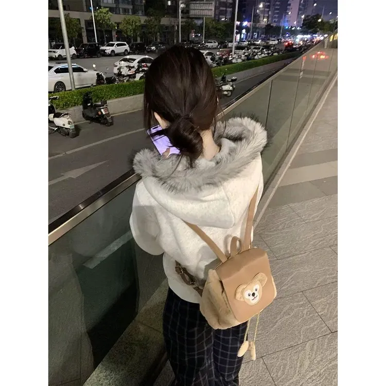 小个子短款外套女2025秋冬新款韩系高街美式加绒宽松毛领连帽上衣