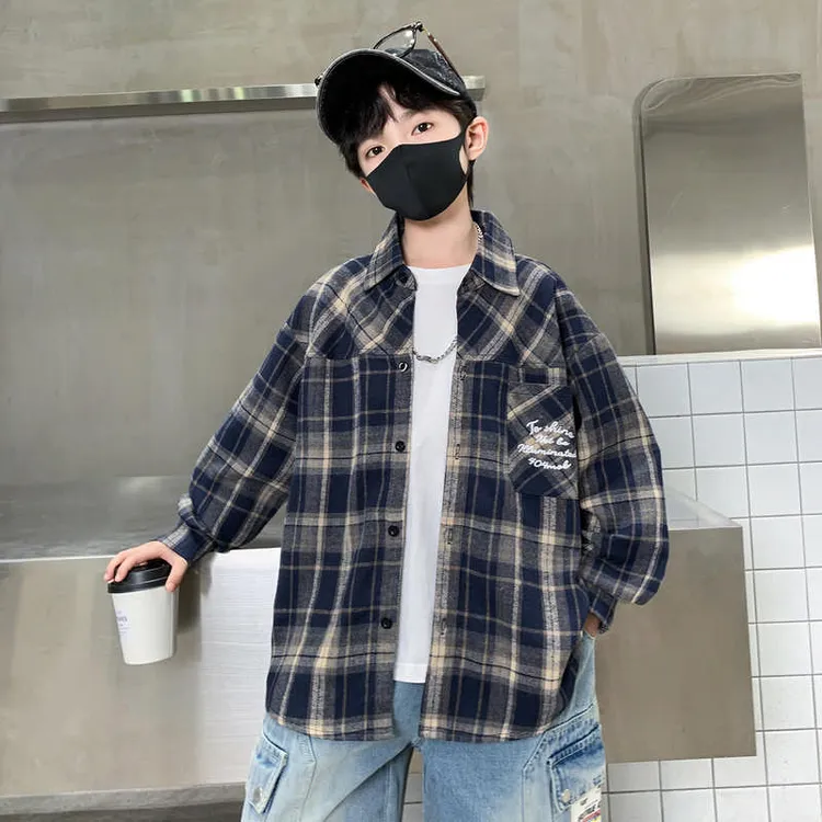 男童春秋季格子衬衫2025新款青少年中大童男孩秋款衬衣外套打底衫