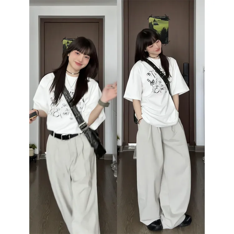 字母设计短袖t恤oversize百搭上衣阔腿休闲山本裤垂感拖地长裤女