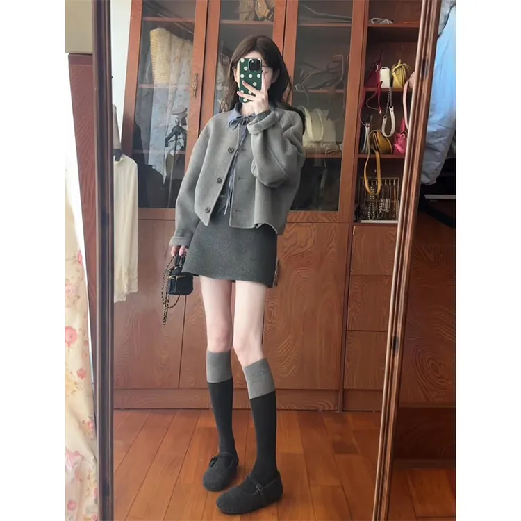 MARIE.COCO秋冬新款韩系高级感简约毛呢外套女气质A字半身裙套装