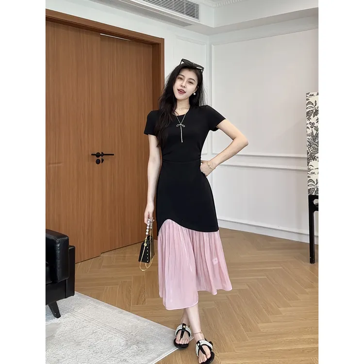 张阿星【人鱼姬】气质鎏光缎撞色拼接修身显瘦精致连衣裙W425Q09664