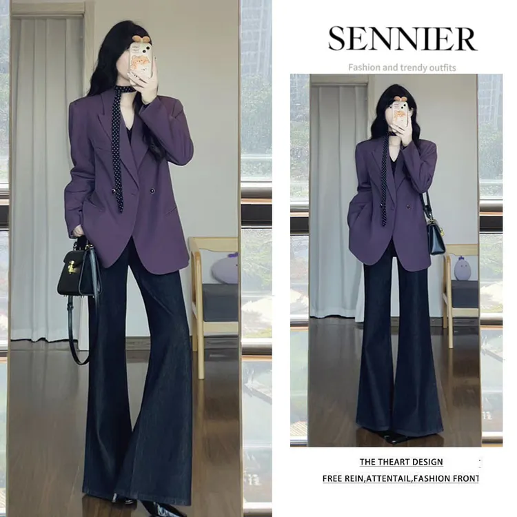 时尚穿搭女2025新款韩版气质西装外套v领修身长袖牛仔裤三件套装