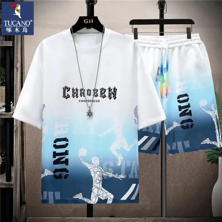 夏季男士潮流休闲运动短袖短裤套装青少年百搭透气薄款渐变色时尚