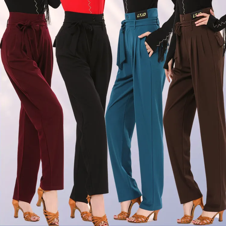 新款吉特巴正宗跳舞裤子显瘦绑带高腰摩登拉丁广场舞训练演出长裤