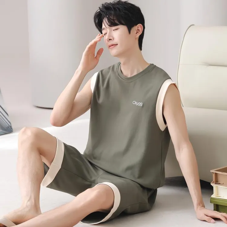 GPSUNLU男士睡衣夏季纯棉薄款韩版绿色背心短裤大码运动风家居服