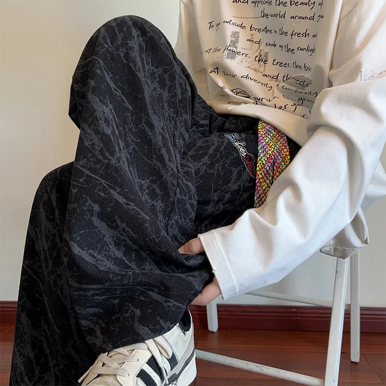 刺绣扎染高街裤子男秋季百搭直筒宽松潮流阔腿长裤慵懒风运动卫裤