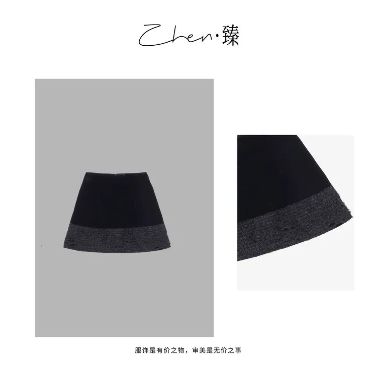 ZHEN.臻 南油拼接蕾丝丝绒高腰A字半身裙木耳边时尚短裙DQ7494Z