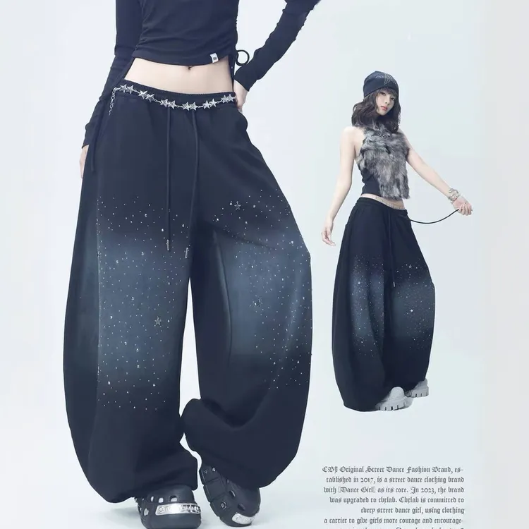 秋季新款重工手工钉珠烫钻渐变晕染弯刀阔腿长裤宽松运动跳舞裤子