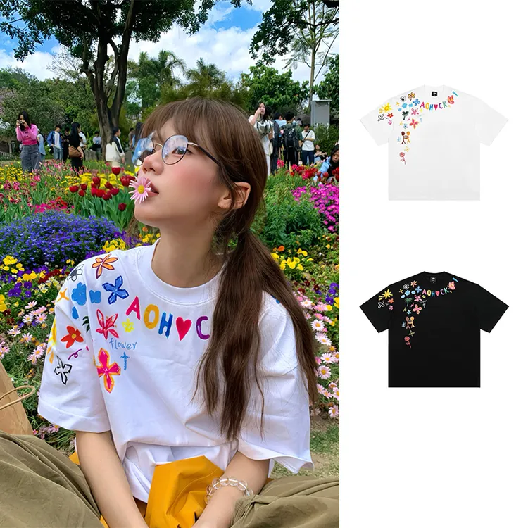 设计感夏日涂鸦印花潮牌短袖t恤女2025新款韩系学生宽松显瘦上衣