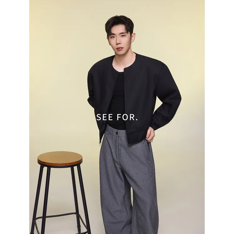 SEE FOR "高支羊绒棉"暗扣黑色哈灵顿夹克棉服男短款宽松外套冬季