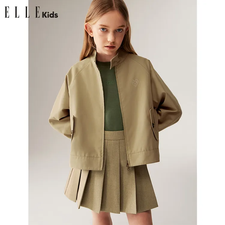 ELLE KIDS 童装休闲立领双头拉链夹克刺绣插肩袖短外套时尚气质Q1