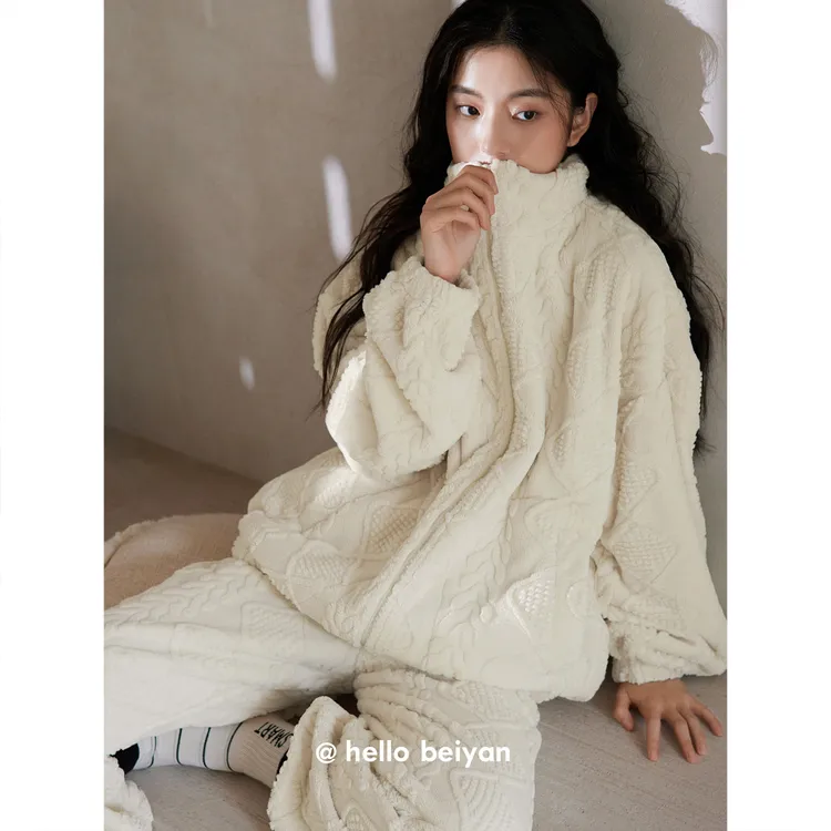 贝妍珊瑚绒睡衣女款冬季高领保暖法兰绒套装慵懒可外穿加厚家居服