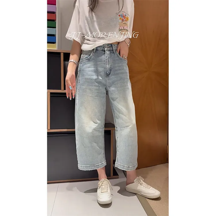 做旧ins风直筒弯刀裤女2025夏季薄款大码高腰宽松显瘦九分牛仔裤