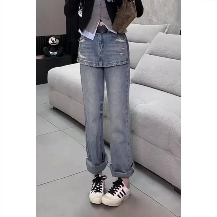 艾塔莉阔腿牛仔裤显瘦女春季新款胖妹妹mm弯刀裤大码香蕉裤小个子