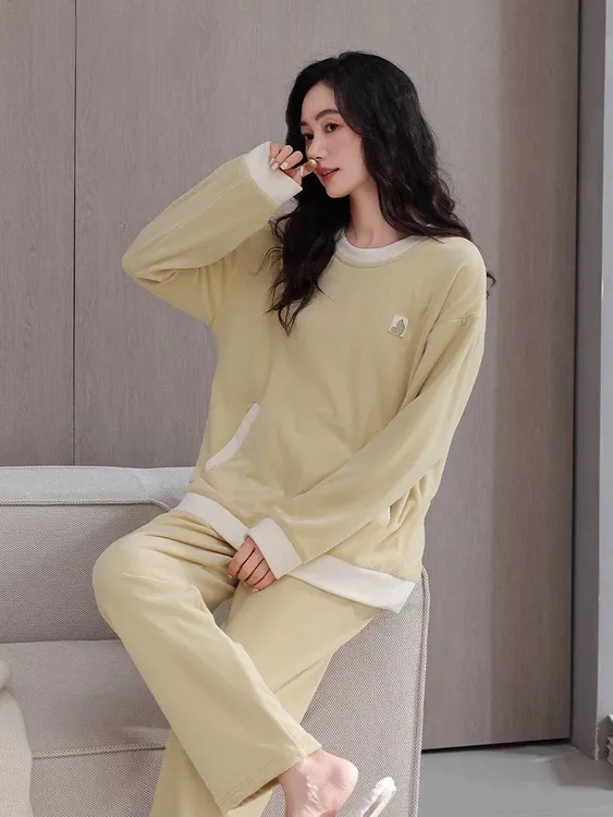 睡衣女秋冬款冬季假两件海岛绒家居服绿色高级感法兰绒套装珊瑚绒