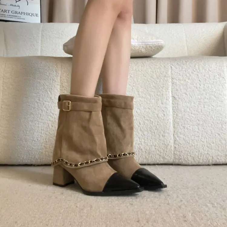 牛皮版~拼色链条设计感显瘦裤管靴女秋冬新款时尚小香风粗跟短靴