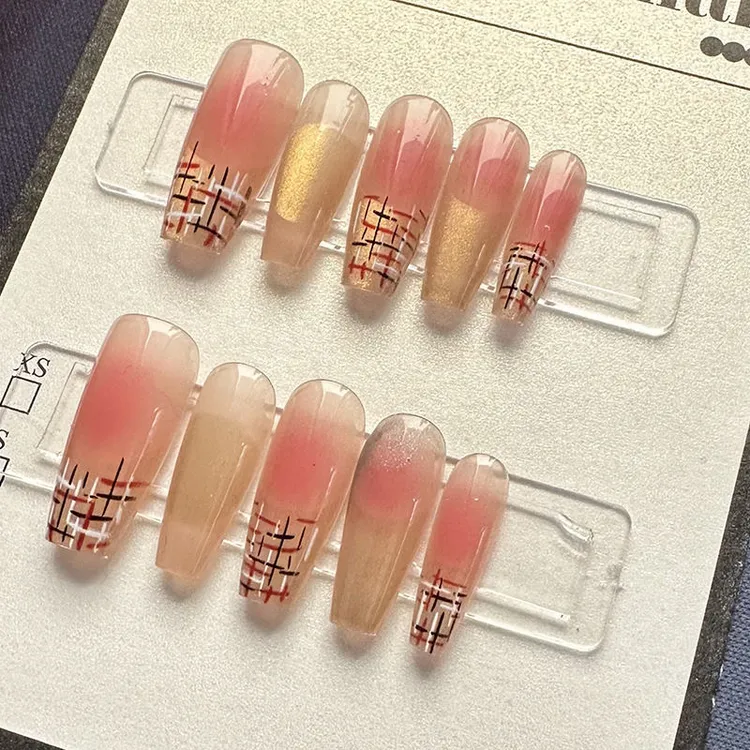 柔粉格纹手工穿戴甲贴片猫眼美甲假指甲