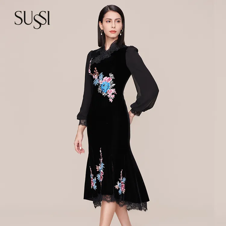 【豫象.颐】SUSSI/古色冬季新品黑色修身中式荷叶领刺绣气质连衣裙