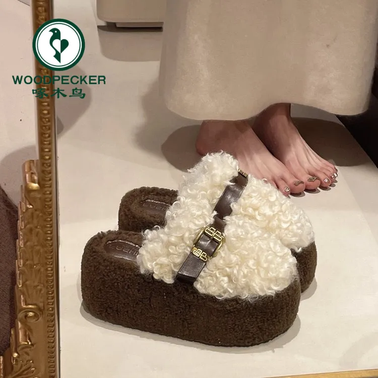 啄木鸟小个子增高8cm复古时尚百搭包头拖鞋女2025秋冬新款毛毛鞋