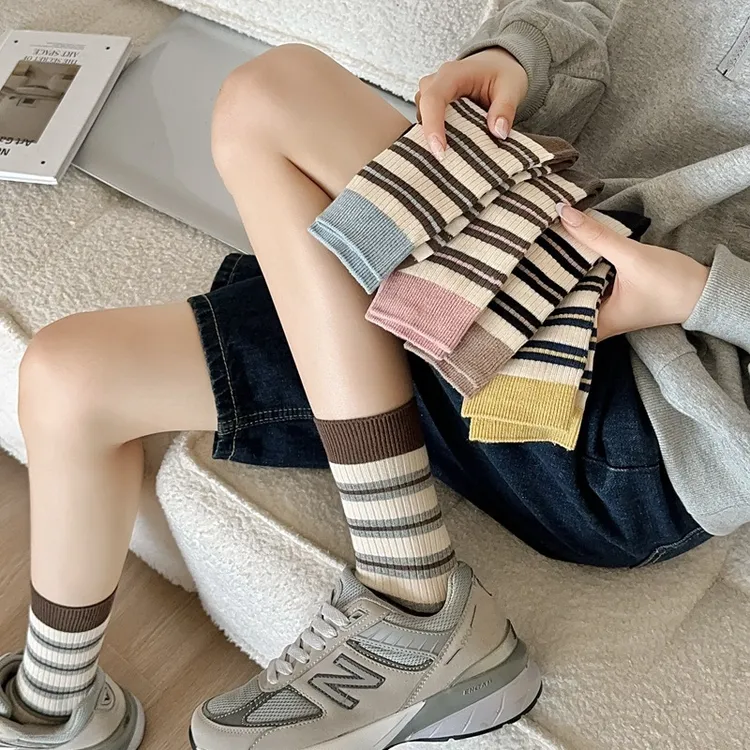 【5双装】秋冬季新款撞色条纹袜棉感防臭学院风百搭四季款中筒袜