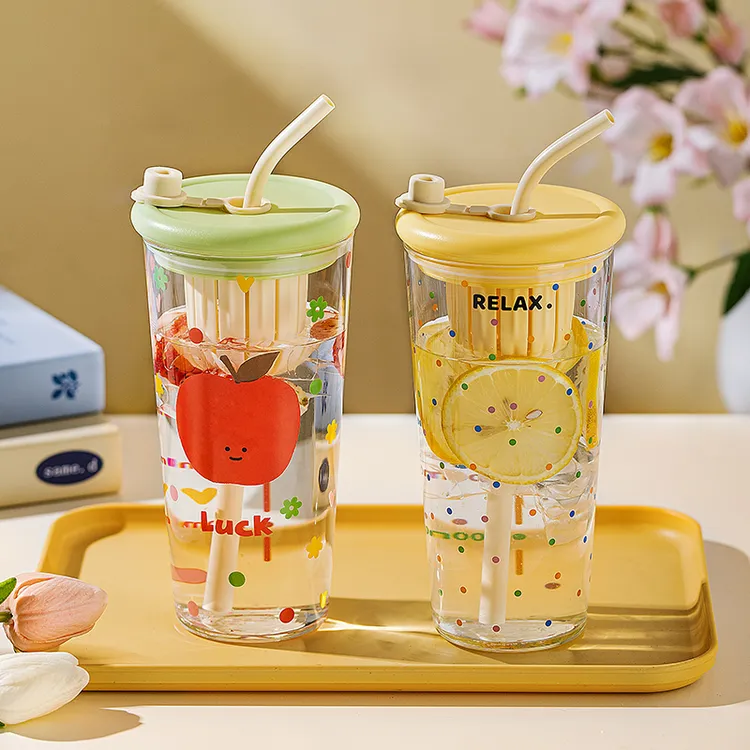 【摩登主妇】吸管水杯玻璃果汁牛奶杯咖啡杯带盖带刻度泡茶杯大容量