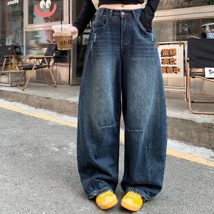 美式复古做旧宽松牛仔裤裤子高腰女秋季显瘦百搭阔腿裤弯刀裤长裤
