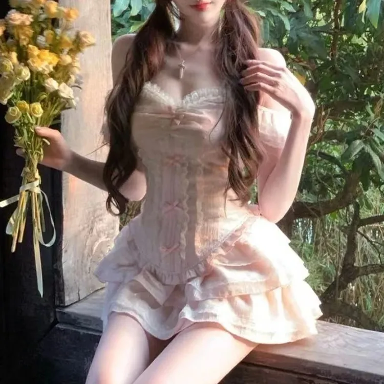 时尚套装夏季收腰甜美ol连衣裙蕾丝吊带法式荷叶边泡泡袖显瘦