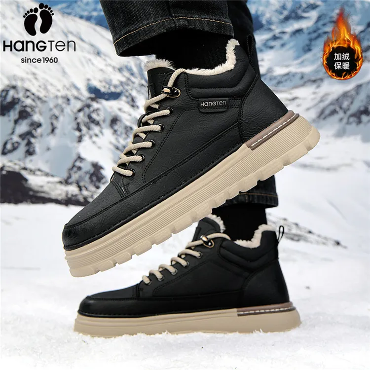 欢腾HangTen男鞋2025冬季新款加绒保暖高帮棉鞋防滑耐磨工装鞋子