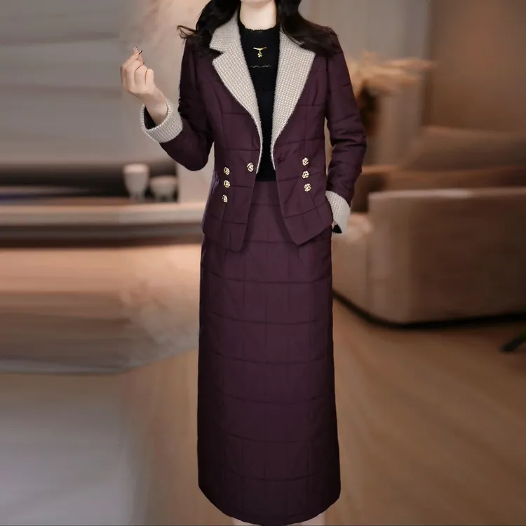 蓄热棉两件套连衣裙2025冬季新款时尚显瘦新中式加厚外套气质套装