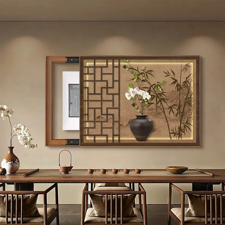 新中式免打孔电表箱装饰画竹子餐厅电源开关盒挡挂画电箱推拉壁画