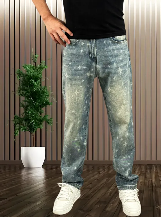 2025秋冬男士时尚百搭轻奢印花休闲小直简水洗蓝色牛仔裤6156