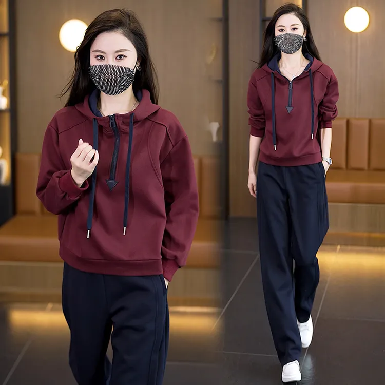 休闲运动套装女2025春秋新款大码女装长袖连帽卫衣阔腿裤两件套
