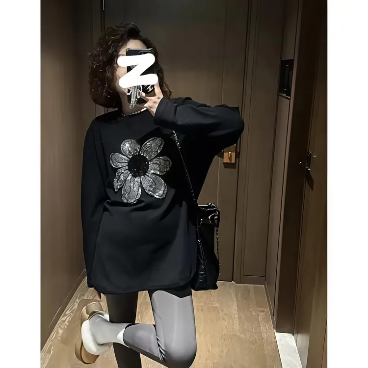 大码女装秋冬韩版加绒时尚亮片花朵图案加绒宽松遮肉显瘦百搭卫衣