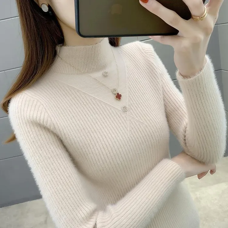 针织女毛针织衫细薄款针织衫洋气加绒针织衫套头