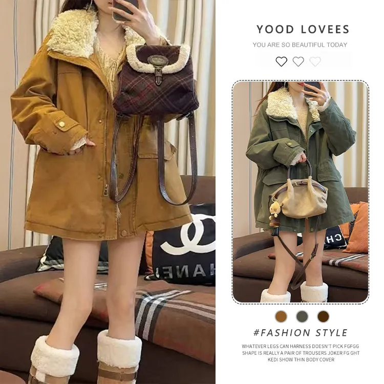 2025秋冬季新款毛毛领拼接女装时尚简约抽绳收腰宽夹棉保暖棉服潮