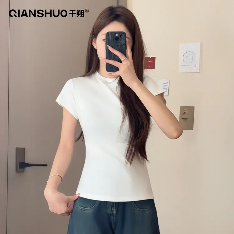 千朔2025新款打底短款夏季复古圆领美式修身上衣女生韩系ins衣服