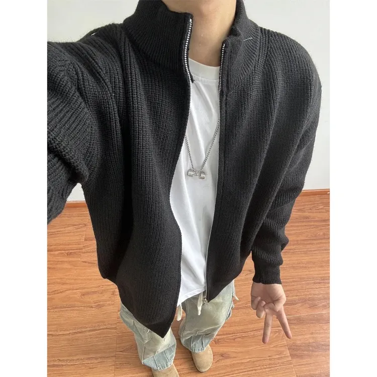 拉链立领针织开衫毛衣男秋冬加厚纯色内搭修身打底衫美式复古外套